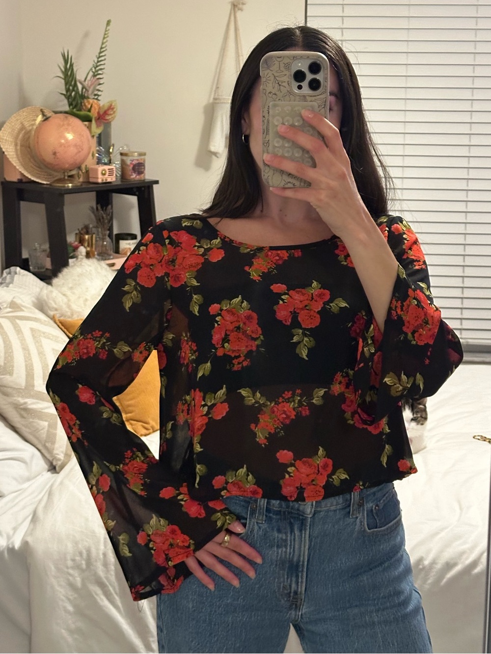 Black Floral Bell Sleeve Blouse - Red Rose Print
